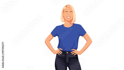Confident young woman with blonde hair wearing a blue t-shirt and black jeans standing with her hands on her hips and smiling.