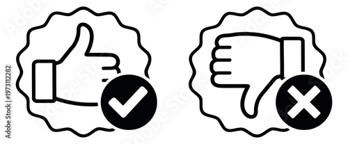 Hand drawn line art gesture icon set featuring thumbs up with checkmark and thumbs down with cross symbols for social media and user feedback