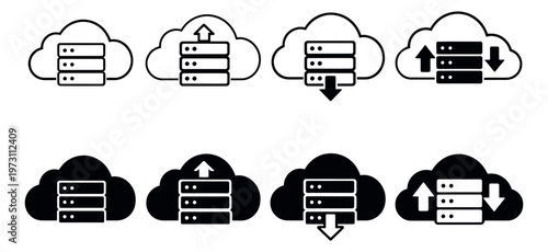 Modern minimalist cloud server icon set featuring data storage, upload, and download operations for computing and digital services
