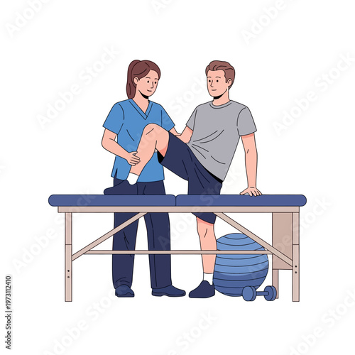 Physical therapist helping patient with leg exercise on therapy table with fitness ball