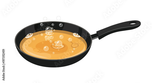 Bubbling hot oil in a frying pan, preparing food with a sizzling culinary process