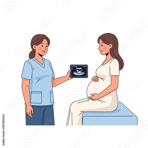 Pregnant Woman Showing Ultrasound Scan to Doctor, Medical Checkup, Expecting Mother