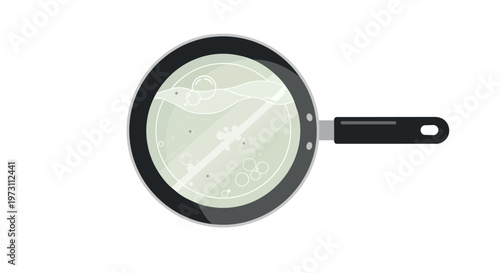 A minimalist illustration depicts a frying pan filled with lightly bubbling water, showcasing a simple cooking preparation scene
