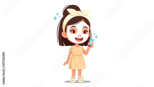 Adorable little girl with a face mask and a cute bow headband holding a tube of skincare product and smiling happily in an upright pose.