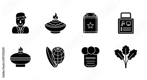 A collection of icons featuring a man, a candle, a book, a bottle, a pot, a globe, a camera, and a plant on a white background.
