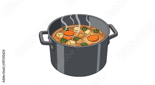 Steaming Pot of Hearty Vegetable Stew with Carrots and Tofu Bubbling Over a White Background
