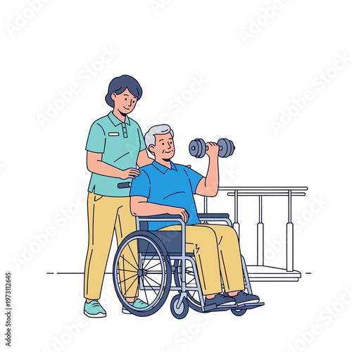 Senior man in wheelchair exercising with dumbbell, physical therapist assisting