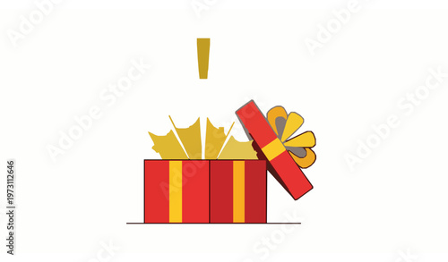 Surprise red gift box vector illustration with golden ribbon and exclamation mark for celebrations