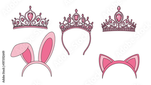 Collection of five hair accessories for girls including three sparkly pink tiaras, bunny ears, and cat ears on headbands for dress-up fun.