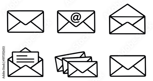 Simple line art email icon set featuring closed, open, and at symbol envelopes for digital communication and contact information