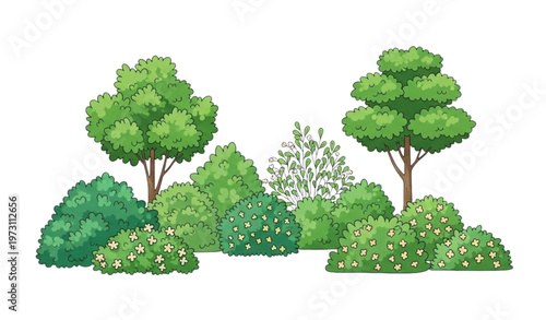 Whimsical garden greenery vector illustration with bushes, shrubs, and medium tree