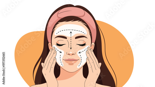 Beautiful woman applying facial cream with dotted massage lines showing the correct way to treat skin for beauty and care.
