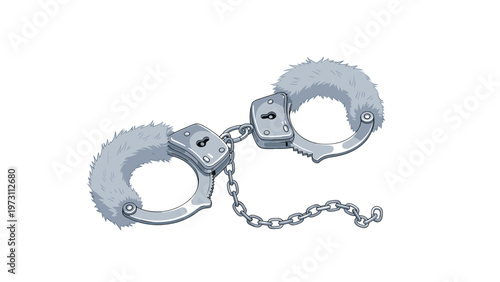 Pair of grey fuzzy handcuffs with a metal chain isolated on a white background for concepts of romance and bedroom fun.