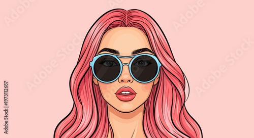 Woman with pink hair and blue sunglasses smiles directly at camera