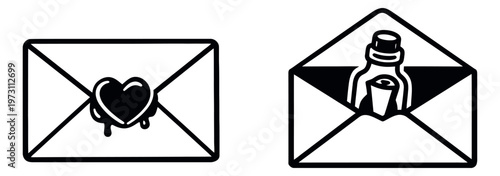 Hand drawn line art communication icons set featuring an envelope with a melting heart seal and a message in a bottle for sending messages