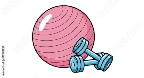 Fitness equipment including pink exercise ball and blue dumbbells on floor