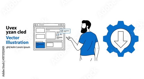 Man interacts with website on computer screen in office setting with gear.