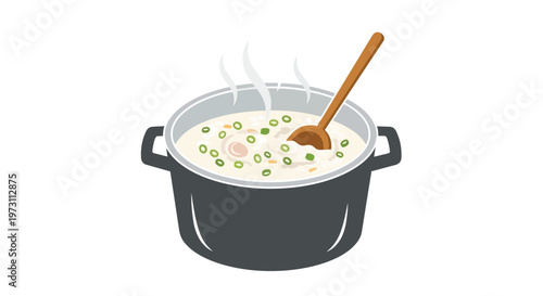 A warm, steaming pot of creamy soup with chopped herbs and a wooden spoon, perfect for a cozy meal.