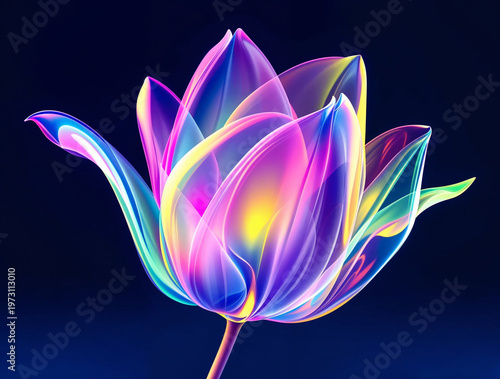 Vibrant Glowing Translucent Tulip Flower with Ethereal Neon Colors on a Dark Background - Abstract Digital Art, Iridescent Petals