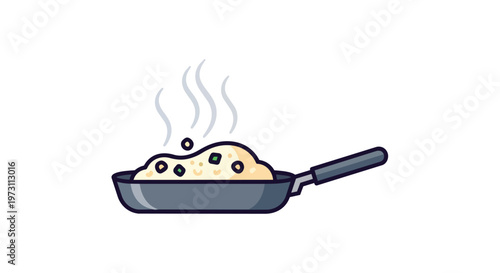 Steaming Food Being Cooked in a Simple Cartoon Skillet with Visible Ingredients and Rising Vapor