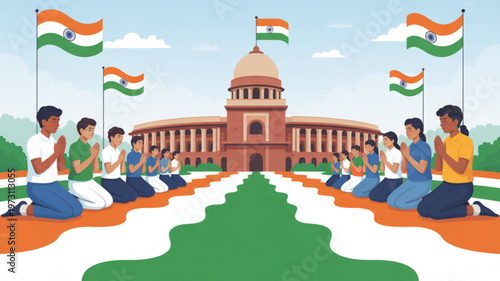 People praying in front of indian parliament building with national flags on republic day or independence day symbolizing unity and patriotism
