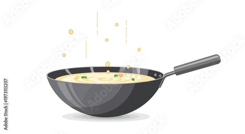 Whimsical illustration of a steaming bowl of creamy soup or stew being prepared in a wok, complete with floating droplets and steam.