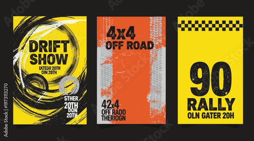 Set of three racing and automotive event posters with grunge texture, drift show, 4x4 off road, and rally competition