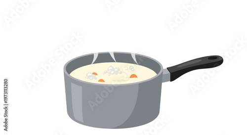 Simmering Pot of Comforting Porridge with Steam Wisps Evidencing Gentle Heat and Wholesome Ingredients