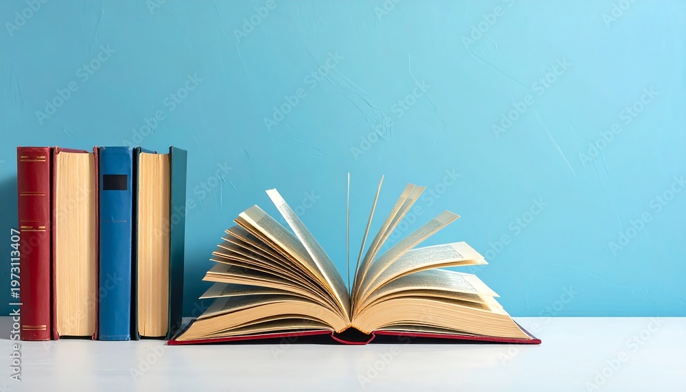 Fototapeta premium A white table with an open book and three closed books against a blue wall