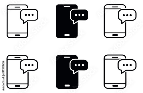 Modern messaging app icon set featuring smartphones with chat notifications for digital communication