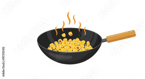 Illustrative depiction of kernels popping and sizzling in a wok emitting wisps of steam.