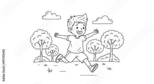 Happy Boy Running in Park Illustration.