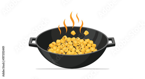 Animated wok filled with freshly popped corn kernels and stylized flames indicating heat and cooking process