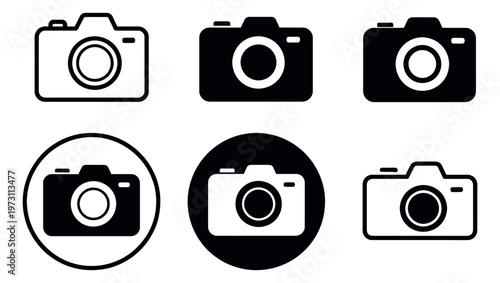Line art and solid camera icon set featuring various outline and filled designs for photography and multimedia projects