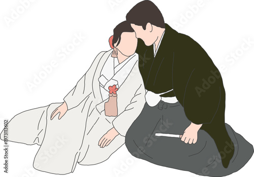 座り姿で白無垢と紋付袴を着た新郎新婦 花嫁