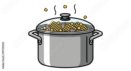 Illustration of a steaming pot filled with corn on the cob and onions, ready for cooking, evoking a sense of home-style cooking and delicious