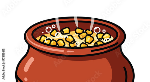 Steaming Clay Pot Filled with Wholesome Corn Kernels Bubbling Gently in a Warm, Comforting Brew