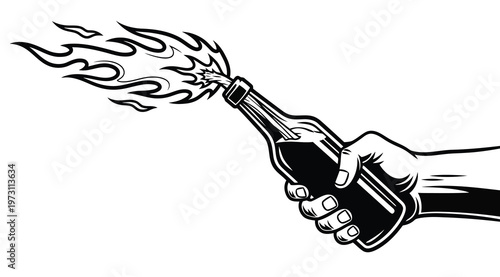 Hand holding a burning molotov cocktail bottle