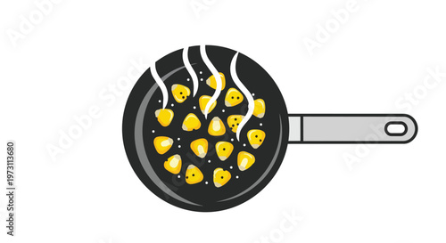 Sizzling corn kernels cooking in a black skillet with steam rising creating a delicious culinary visual