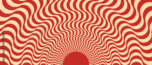 Retro red and beige background with a vintage circus sunbeam. Psychedelic colorful swirl poster, abstract pattern in the style of 70s carnival. Hypnotic sunbeam vector illustration. Optical wave 