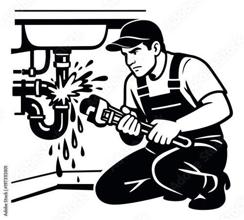 Line art illustration of a plumber depicting a leaky pipe repair for home maintenance