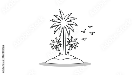 Vector vector illustration of a tropical island with three palm trees and flying seagulls