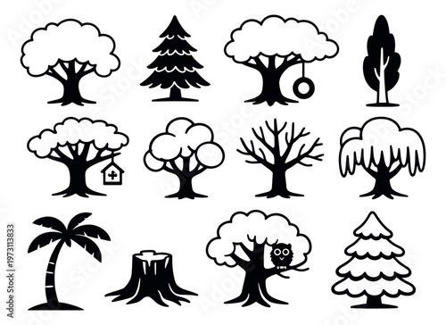 Hand drawn line art tree illustrations set featuring diverse tree types and a tree stump for nature themed designs