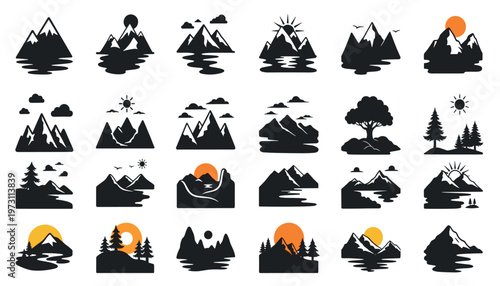 Vector set of mountain landscape icons, vector illustration of nature peaks, forest, sun, and lake silhouettes for outdoor adventure design