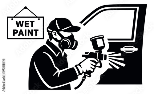 Line art illustration of a person painting a car door with a spray gun for auto body repair
