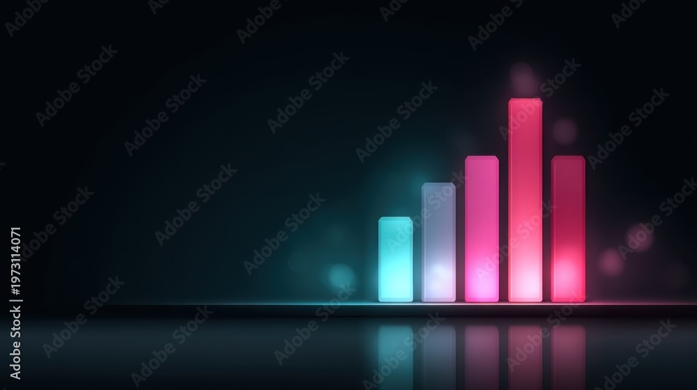 Fototapeta premium Colorful abstract bar graph with glowing elements reflecting on dark background, representing data analysis, growth, and digital trends in a modern design