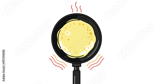 A Simple Illustrated Flat Lay of a Hot Pancake Being Cooked in a Frying Pan with Wavy Heat Lines Indicating Warmth