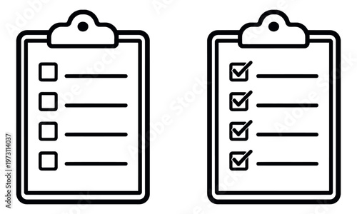 Line art clipboard checklist icon set featuring empty and checked checkboxes for task management