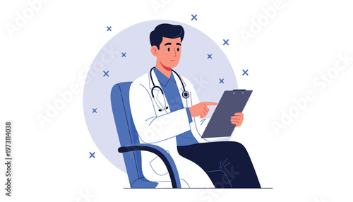 Vector male doctor sitting in a chair and holding a clipboard with medical records