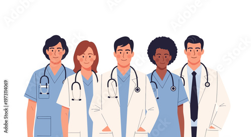 Illustration of a diverse group of medical professionals standing together in a line against a white background.